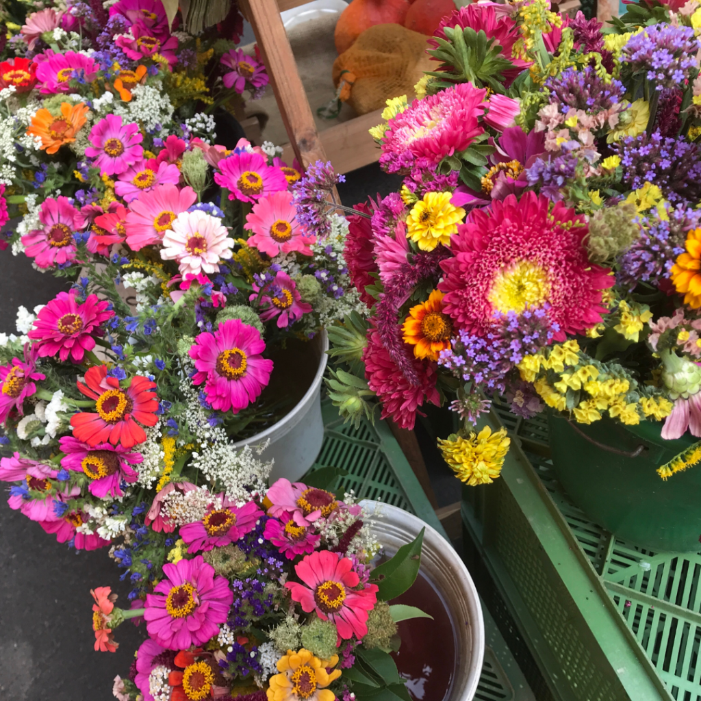 Our Flowers on Display at the Farmer's Market- Flower Farming for Profit